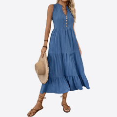 Womens Summer Casual Sleeveless Dress Solid Button Up Maxi Dress Elegant Tiered Flowy Long Dress Boho Midi Dress