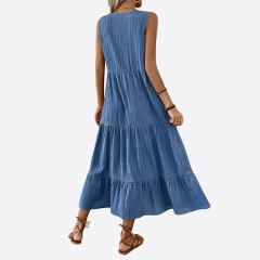 Womens Summer Casual Sleeveless Dress Solid Button Up Maxi Dress Elegant Tiered Flowy Long Dress Boho Midi Dress