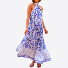 2025 Summer Party Dress Women's Fashion Bohemian Porcelain Printed Sleeveless Cascading Ruffles Elegant Luxury Long