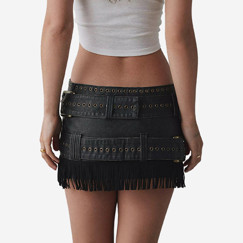 Custom 2025 New Faux Leather Belted Fringe Micro Skirt