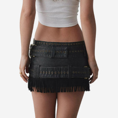 Custom 2025 New Faux Leather Belted Fringe Micro Skirt