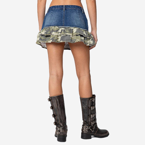 Custom 2025 New Camo Ruffle Denim Mini Skirt