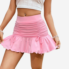 Women's Elegant Satin Skirt Flounced Short Stretch Hip Design Europe United States Sexy Style Natural Spring Summer Solid Color