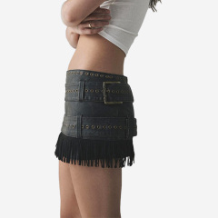 Custom 2025 New Faux Leather Belted Fringe Micro Skirt