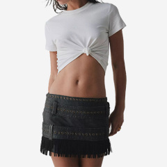 Custom 2025 New Faux Leather Belted Fringe Micro Skirt