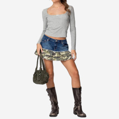 Custom 2025 New Camo Ruffle Denim Mini Skirt