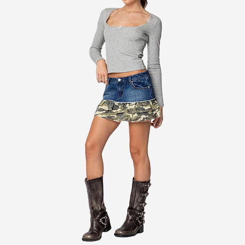 Custom 2025 New Camo Ruffle Denim Mini Skirt