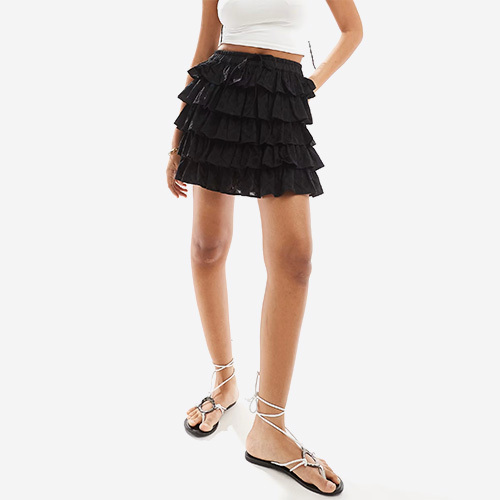 Custom New Women Gestufter, Kurzer Rüschenrock In Schwarz Mit