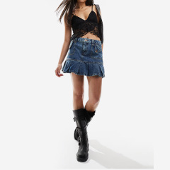 Custom New Women Vintage Pleated Denim Western Mini Skirt