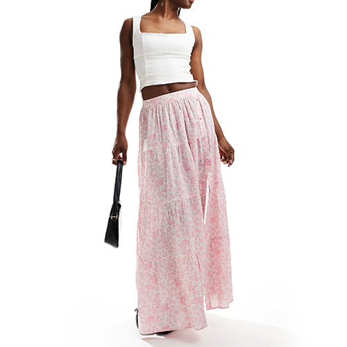 Custom New Women Button Detail Tiered Maxi Skirt In Pink Floral