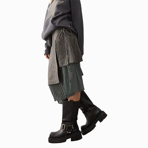 Women New Overlay Tweed Kilt Midi Skirt In Khaki