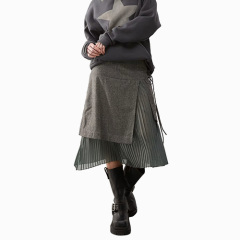 Women New Overlay Tweed Kilt Midi Skirt In Khaki