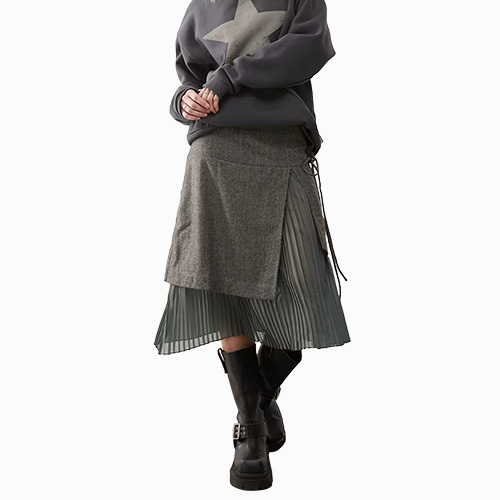 Women New Overlay Tweed Kilt Midi Skirt In Khaki