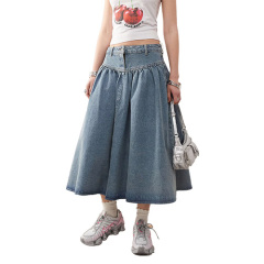 Custom New Women Denim Midi Skirt In Mid Wash Blue