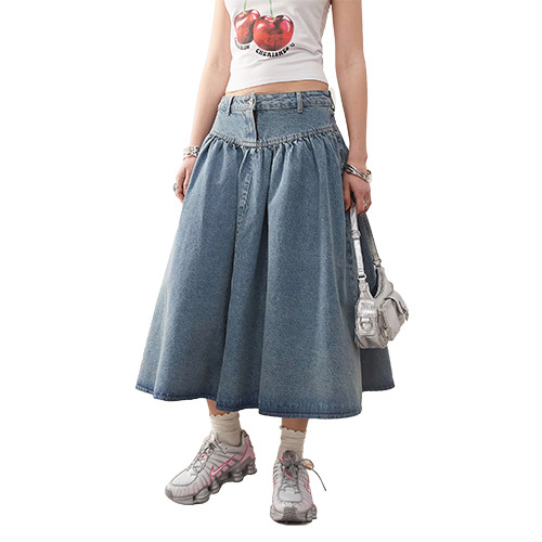 Custom New Women Denim Midi Skirt In Mid Wash Blue