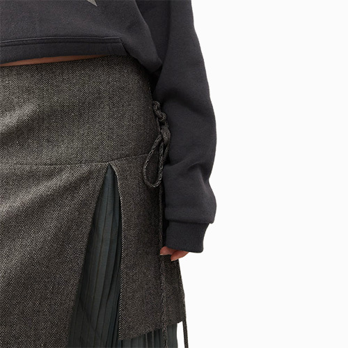 Women New Overlay Tweed Kilt Midi Skirt In Khaki