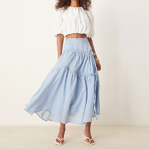 Custom New Women Blue Ruched Midi Skirt In Sky
