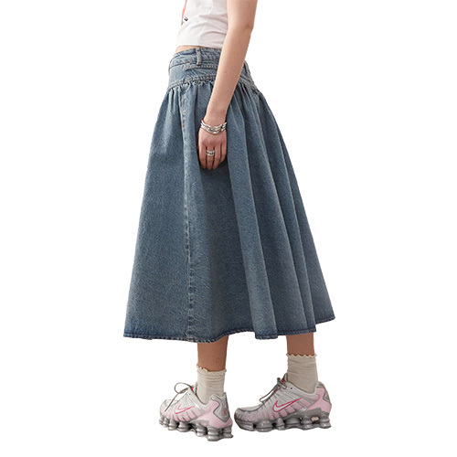 Custom New Women Denim Midi Skirt In Mid Wash Blue