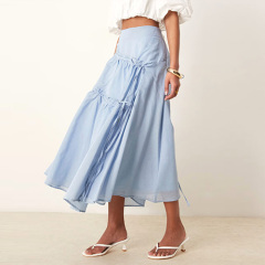 Custom New Women Blue Ruched Midi Skirt In Sky