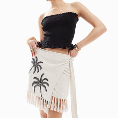 New Broderies Palmiers Avec Franges Et Détail Noué Surle Côté - Beige Dress