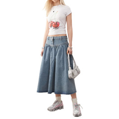 Custom New Women Denim Midi Skirt In Mid Wash Blue