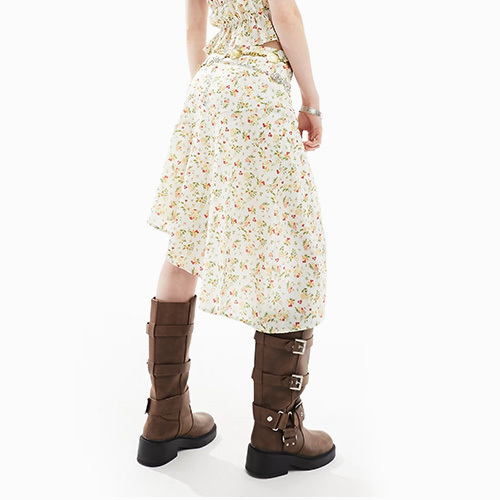 The Sky Chintz Floral Asymmetric Midi Skirt In White