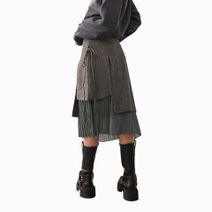 Women New Overlay Tweed Kilt Midi Skirt In Khaki