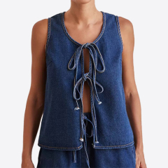 Custom New Tie Detail Open Front Sleeveless Denim Top
