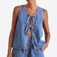 Custom New Tie Detail Open Front Sleeveless Denim Top
