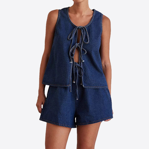 Custom New Tie Detail Open Front Sleeveless Denim Top