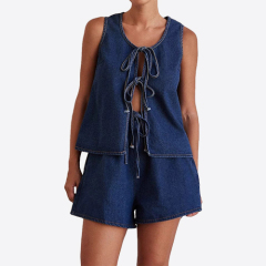 Custom New Tie Detail Open Front Sleeveless Denim Top