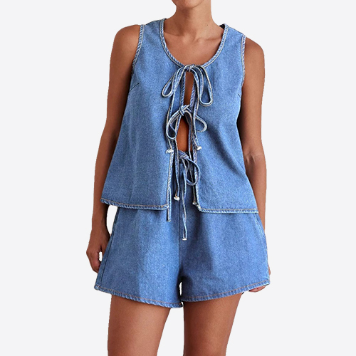 Custom New Tie Detail Open Front Sleeveless Denim Top