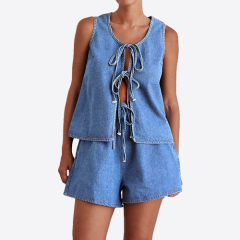 Custom New Tie Detail Open Front Sleeveless Denim Top