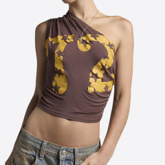 Pleated One-Shoulder Sexy Vest Top New Sexy Off-The-Shoulder T-shirt