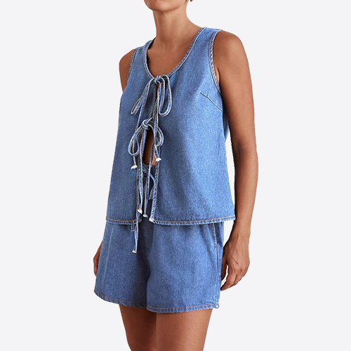 Custom New Tie Detail Open Front Sleeveless Denim Top