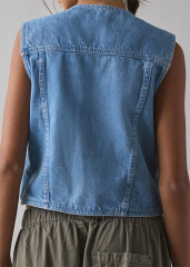 European and American 2025 Spring New Women's Sleeveless Single-Breasted V-neck Top Denim Washed Vest