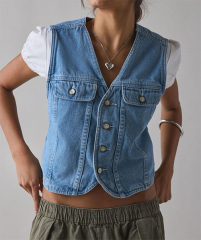 European and American 2025 Spring New Women's Sleeveless Single-Breasted V-neck Top Denim Washed Vest