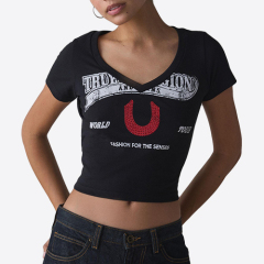 True Religion Women's Short Sleeve Horseshoe Slim V-Neck T-Shirt