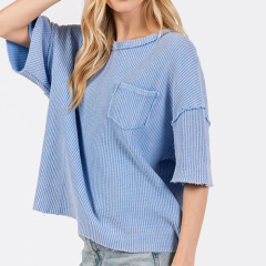 Summer Custom Women Organic Cotton Waffle Short Sleeve Clothes With Pocket Crew Neck Cotton T Shirts