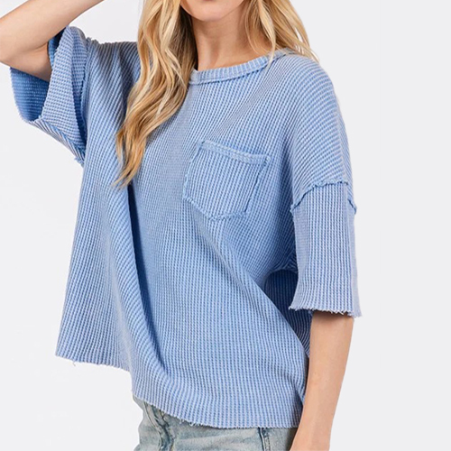 Summer Custom Women Organic Cotton Waffle Short Sleeve Clothes With Pocket Crew Neck Cotton T Shirts