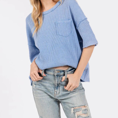 Summer Custom Women Organic Cotton Waffle Short Sleeve Clothes With Pocket Crew Neck Cotton T Shirts