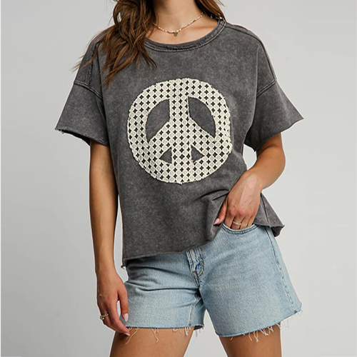 Custom Mineral Washed French Terry Peace Appliqued T-Shirt