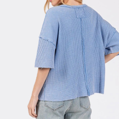 Summer Custom Women Organic Cotton Waffle Short Sleeve Clothes With Pocket Crew Neck Cotton T Shirts