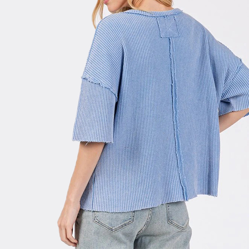 Summer Custom Women Organic Cotton Waffle Short Sleeve Clothes With Pocket Crew Neck Cotton T Shirts