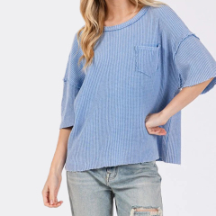 Summer Custom Women Organic Cotton Waffle Short Sleeve Clothes With Pocket Crew Neck Cotton T Shirts