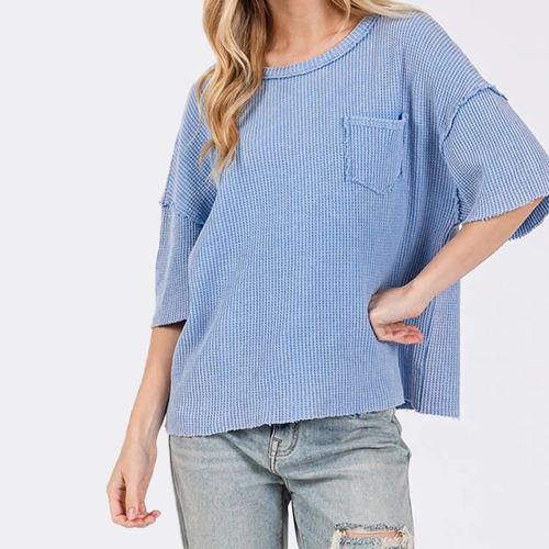 Summer Custom Women Organic Cotton Waffle Short Sleeve Clothes With Pocket Crew Neck Cotton T Shirts