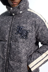 Custom Men's Black Marble Puffer Jacket - Striped Sleeve Varsity Streetwear Coat