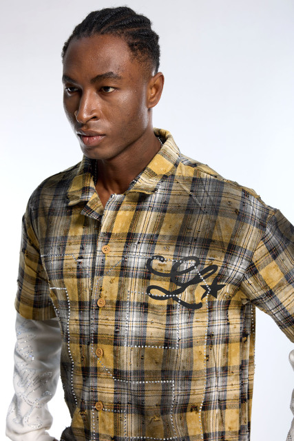 High Street Men's Plaid Short Sleeve Over Long Sleeve Shirt with Rhinestone Detail