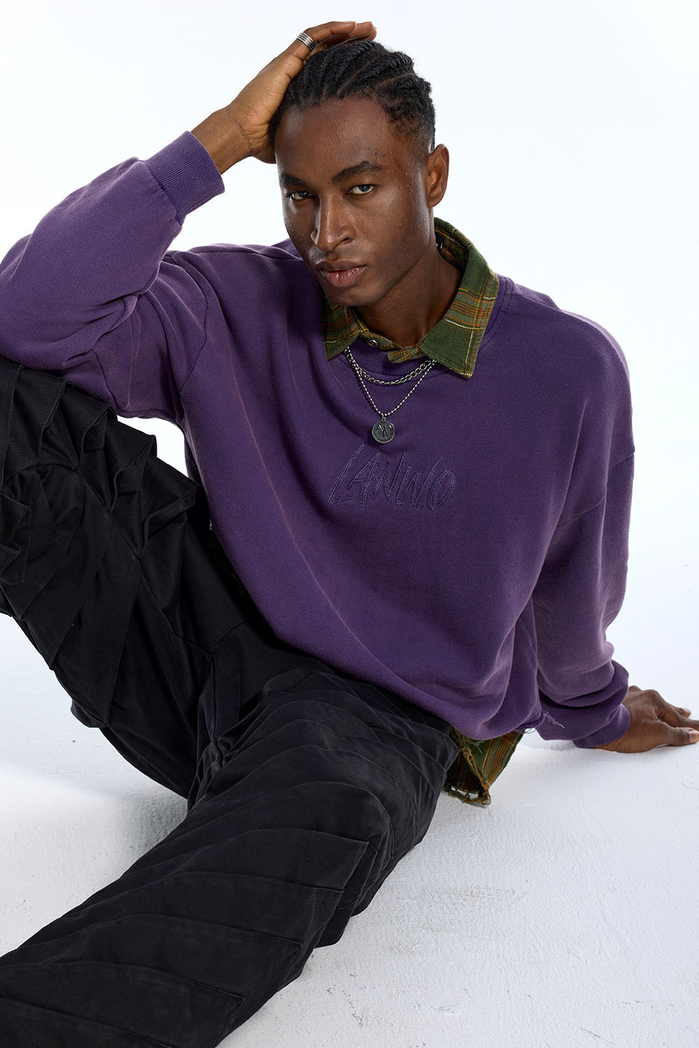 Custom Men's Purple Distressed Fake Two-Piece Sweatshirt - LANWO Embroidered Streetwear Top