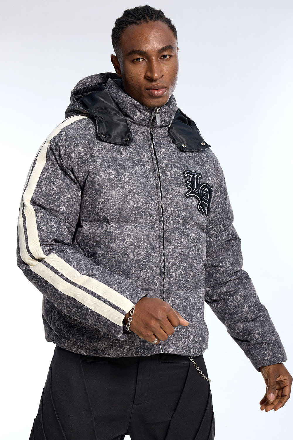 Custom Men's Black Marble Puffer Jacket - Striped Sleeve Varsity Streetwear Coat